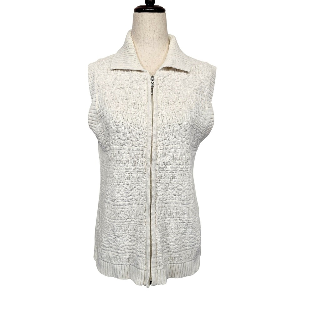 Christopher & Banks Sweater Vest Womens S White Collared Full Zip‎ Knit Cotton